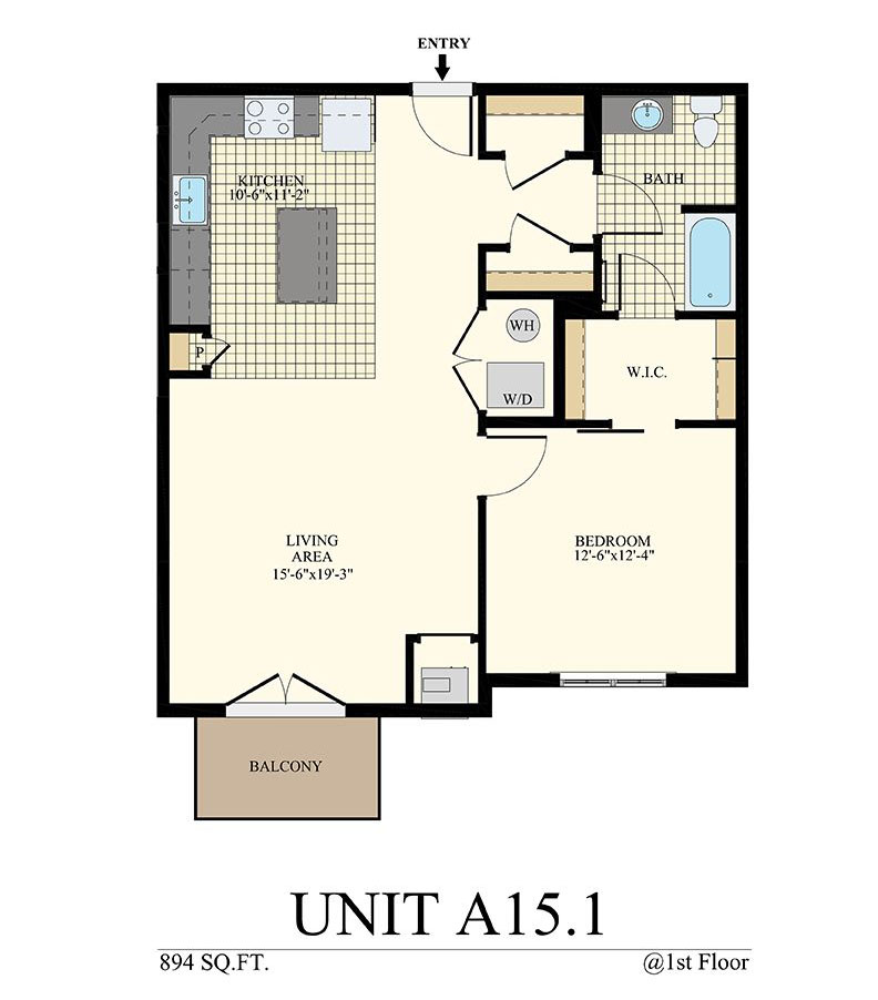 Apartment for rent in Willow Grove floor plan unit A15.1 with 894 sq. ft., walk in closet, and balcony