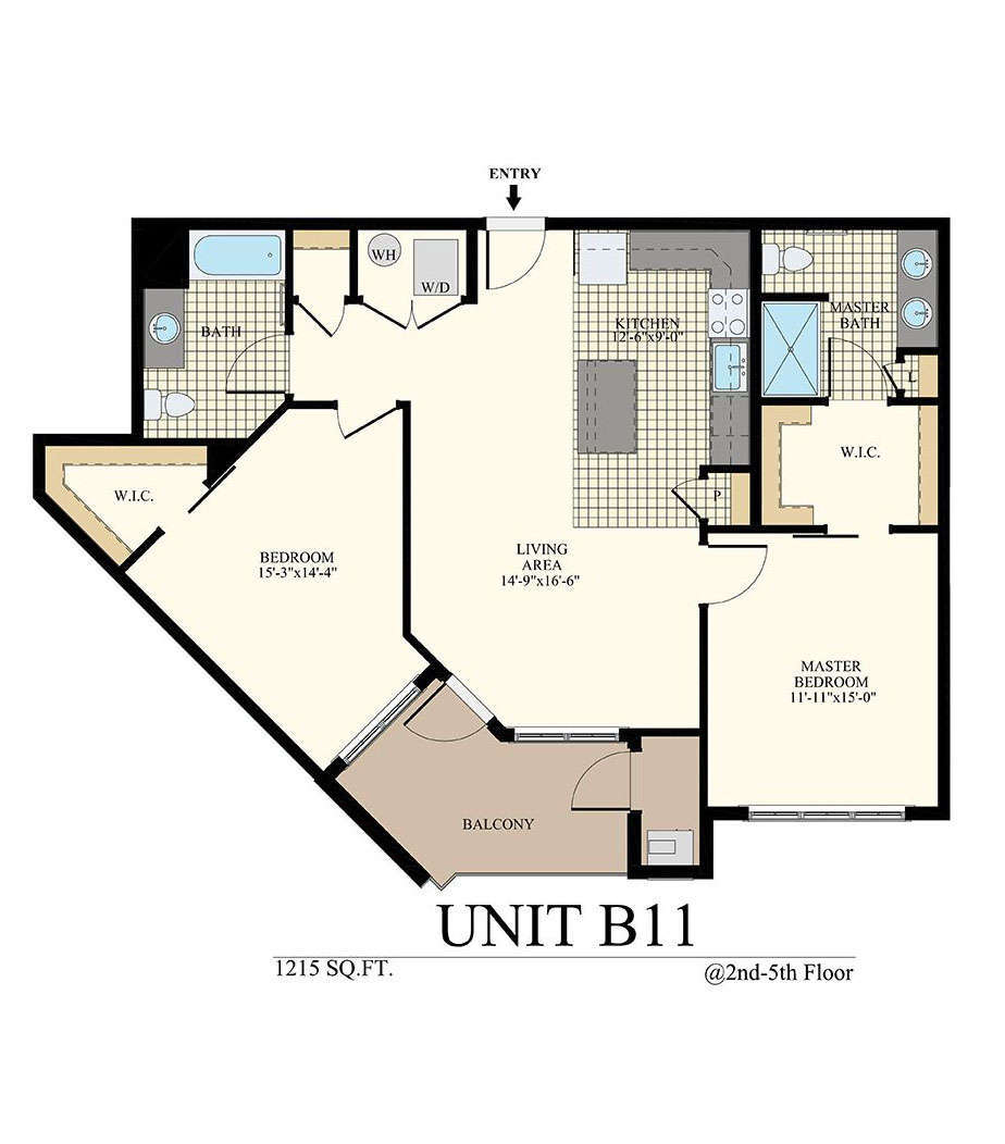 2 bedroom unit B11 apartment floor plan with 1,215 sq. ft. at The Station at Willow Grove 
