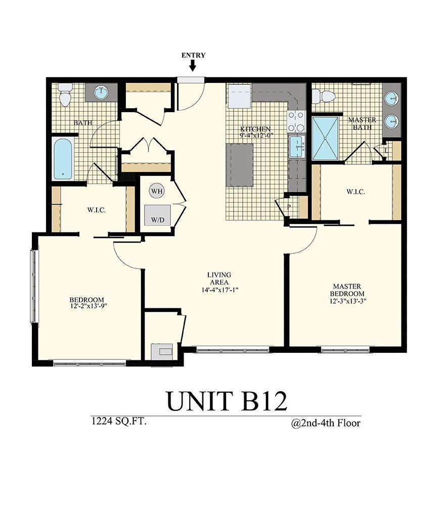 2 bedroom unit B12 apartment floor plan with 1,124 sq. ft. at The Station at Willow Grove 