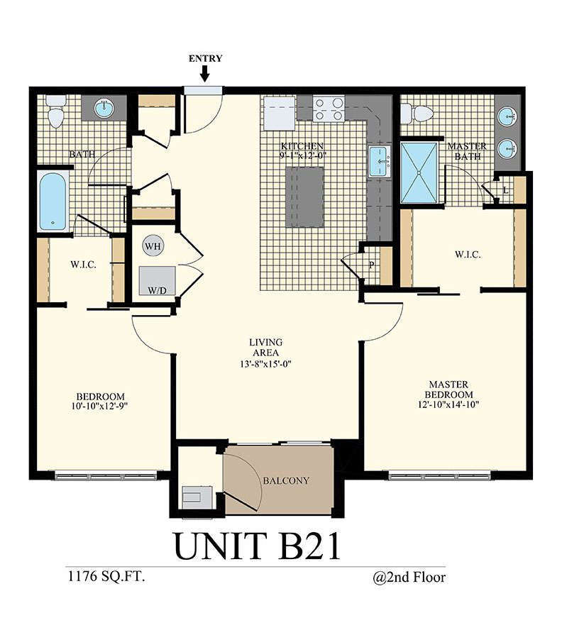 2 bedroom unit B21 apartment floor plan with 1,176 sq. ft. at The Station at Willow Grove 