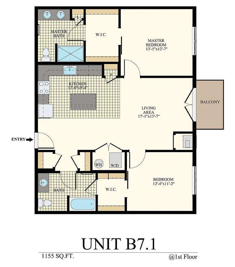 2 bedroom unit B7.1 apartment with 1,155 sq. ft. at The Station at Willow Grove 